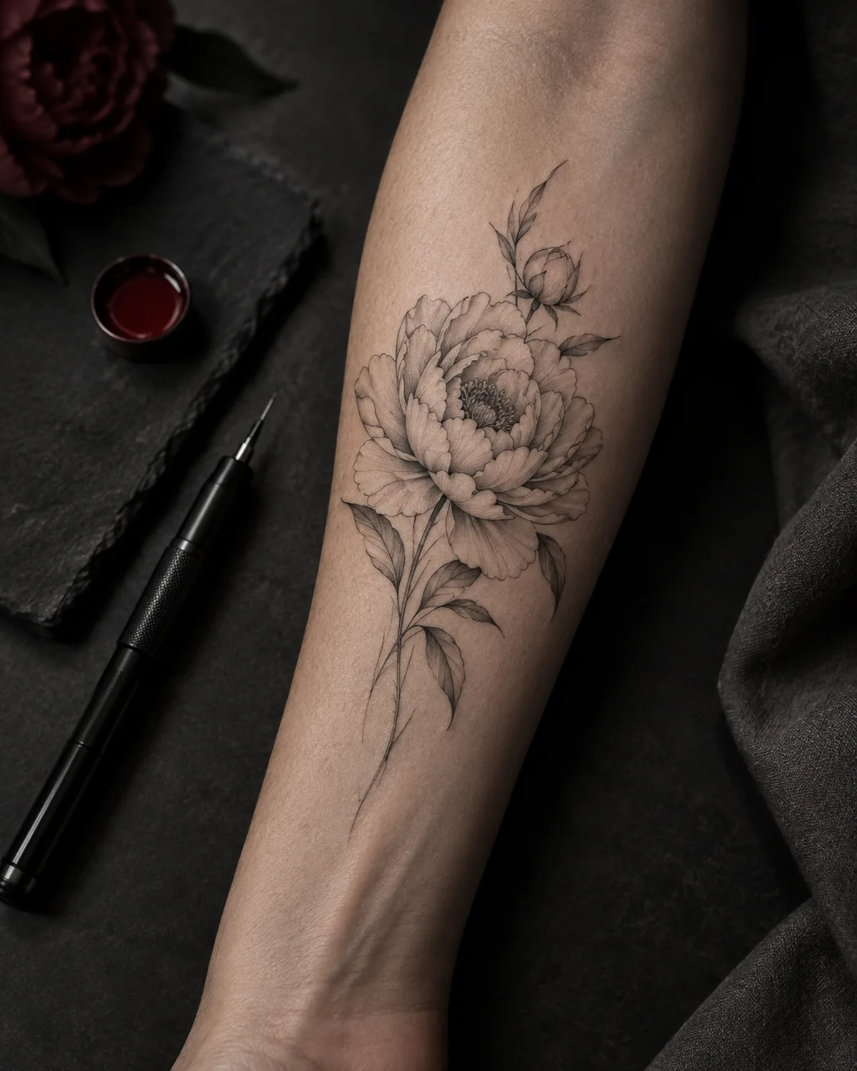 Feines Pfingstrosen-Tattoo auf einem anonymen Unterarm